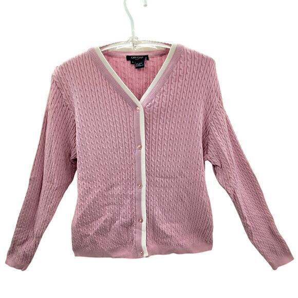 Karen Kane Golf Pink Cream Preppy Old Money Cable Knit Cardigan Jacket Sweater - Picture 1 of 11